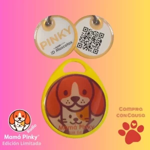 Plaquita ID Mascotas Mamá Pinky Edición Limitada. Protege a tu mascota y apoya a más de 100 perritos rescatados. El 25% de tu compra se dona a Mamá Pinky Radio. ID Mascotas Compra con Causa