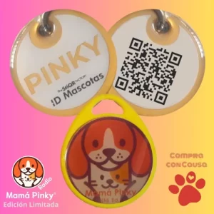 Plaquita ID Mascotas Mamá Pinky Edición Limitada. Protege a tu mascota y apoya a más de 100 perritos rescatados. El 25% de tu compra se dona a Mamá Pinky Radio. ID Mascotas Compra con Causa
